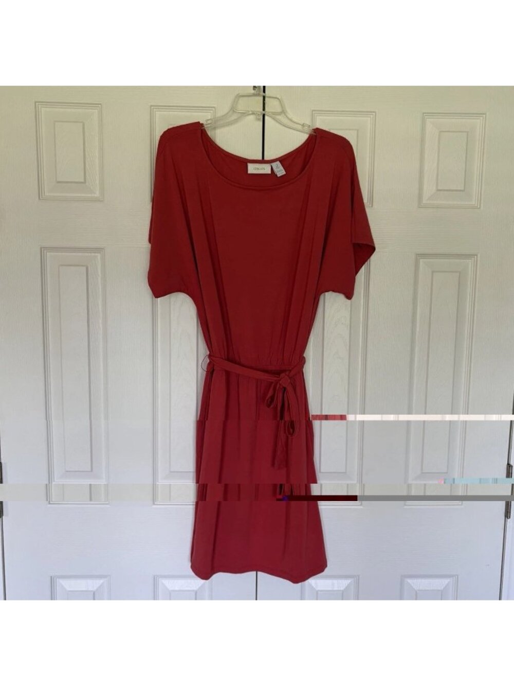 Chico's Dress Womens Size 12 Red Short Sleeve Scoop Neck Elastic Waist Tie Belt